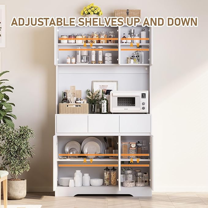 KAMABOKO 71" Kitchen Pantry Cabinet with LED Light and Charging Station Tall Pantry Storage Cabinet with Adjustable Shelves and Door Modern Kitchen Hutch with Microwave Stand and Countertop (White)