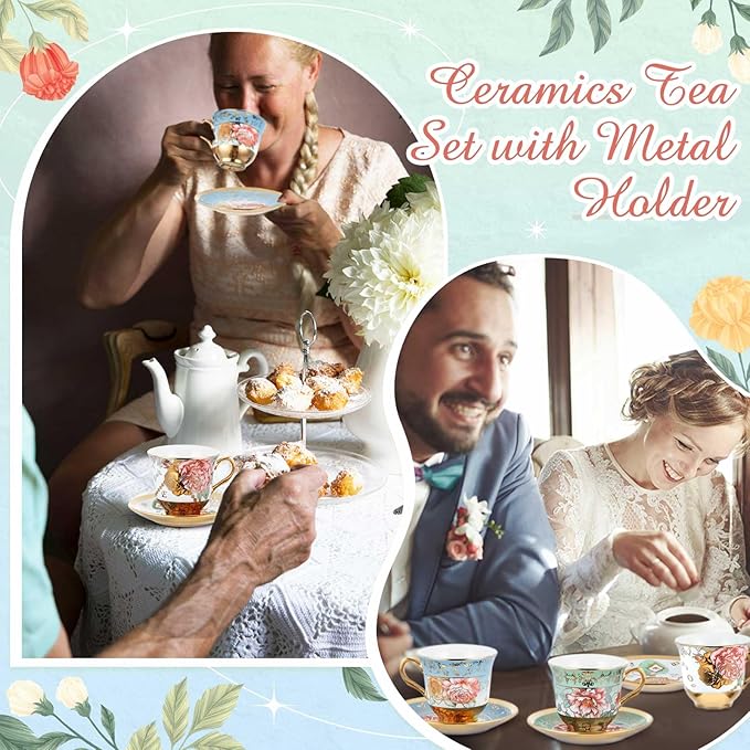 Set of 18 Tea Cups and Saucers Tea Party Decorations Floral Porcelain 5.4 oz British Gift for Women Birthday Party, Church, and Mother's Day (Classic Style)