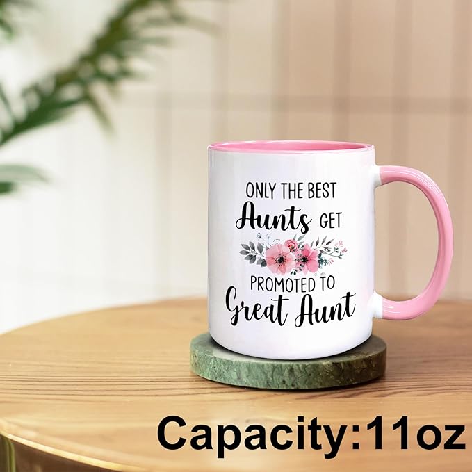 QASHWEY Great Aunt to Be Gifts Coffee Mugs Mug, Funny Pregnancy Announcement Gifts for Auntie New Great Aunt, Get Promoted to GreatAunt Double Side Printed Ceramic Mug Cup 11 Ounce(Pink)
