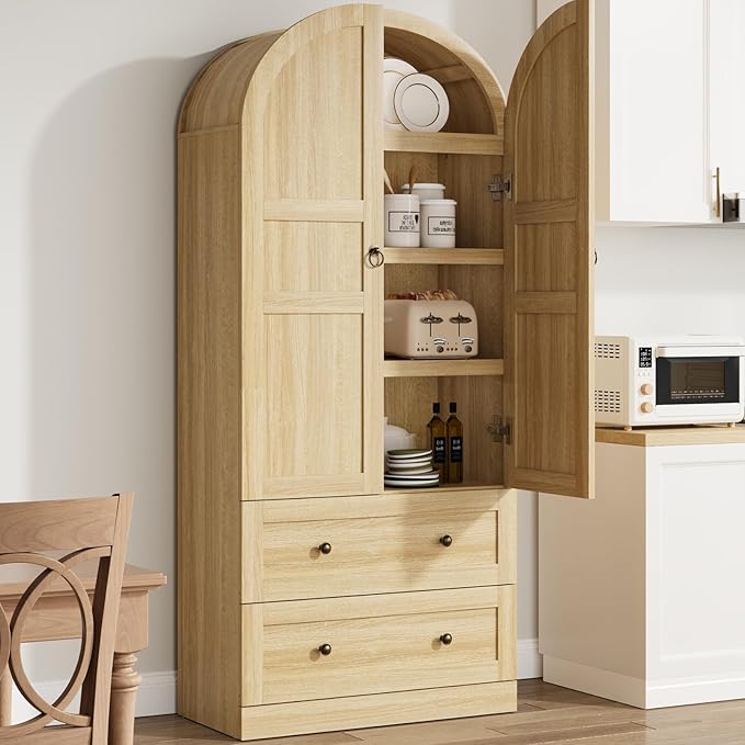 GAOMON 72" Arched Kitchen Pantry Cabinet, Wooden Freestanding Storage Cupboard with Doors, Drawers & Adjustable Shelves, Versatile Farmhouse Pantry for Dining and Living Room, Natural