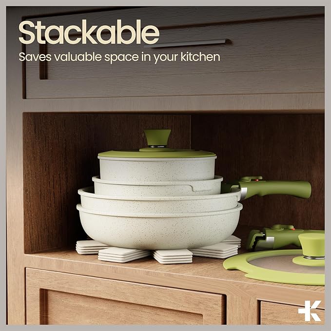 Bakken 15-Piece Non-Stick Cookware Set with Detachable Handles ??Granite Stackable Pots and Pans Set, Dish Washer Safe, Oven-Safe, and Compatible Kitchen Essential for All Stoves ??Green/Cream