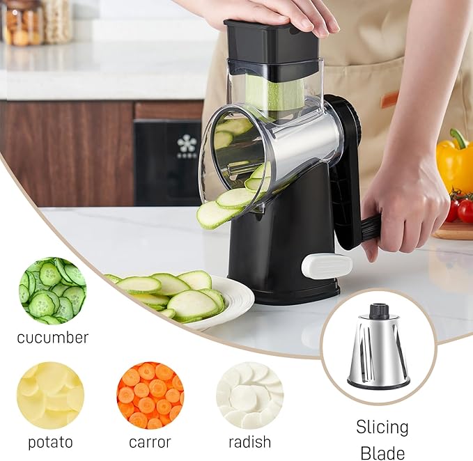 Weltonhm Rotary Cheese Graters with 4 Blades, Hand Crank Cheese Grater with Waffle Slicer, Red, Black and White Cheese Shredder with Suction Base, Easier for Shredding & Grating (Black, 4 Graters)