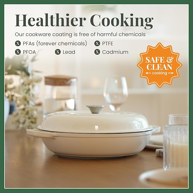 Larder & Vine Enameled Cast Iron Braiser | 3.6 qt Braiser Pan with Lid | Shallow Dutch Oven Compatible on All Cooktops | Casserole Dish Oven Safe to 500째 F | Dual Handles | White