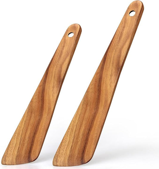 2 Pcs Teak Wooden Spatula Set Flat Spurtles Kitchen Tools Turner Small Wood Scraper Spatulas for Cooking Spoon Non Toxic Bamboo Kitchen Utensils Sourdough Stirrer Spurtle Egg Flipper Cast Iron Spatula
