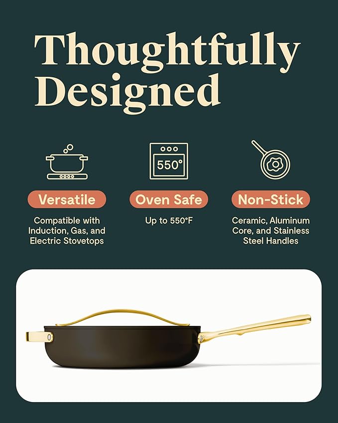 Caraway Nonstick Ceramic Saut챕 Pan with Lid (4.5 qt, 11.8") - Non Toxic, PTFE & PFOA Free - Oven Safe & Compatible with All Stovetops (Gas, Electric & Induction) - Black
