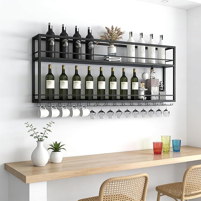 Industrial Wall Mounted Wine Rack, 2-Tier Wood Wine Bottle Shelf with Stemware Rack, Black Wine Glass Rack Multi Functional Wine Storage Display Rack for Home Bar Dining Room Kitchen (55.1횞7.8횞26in)