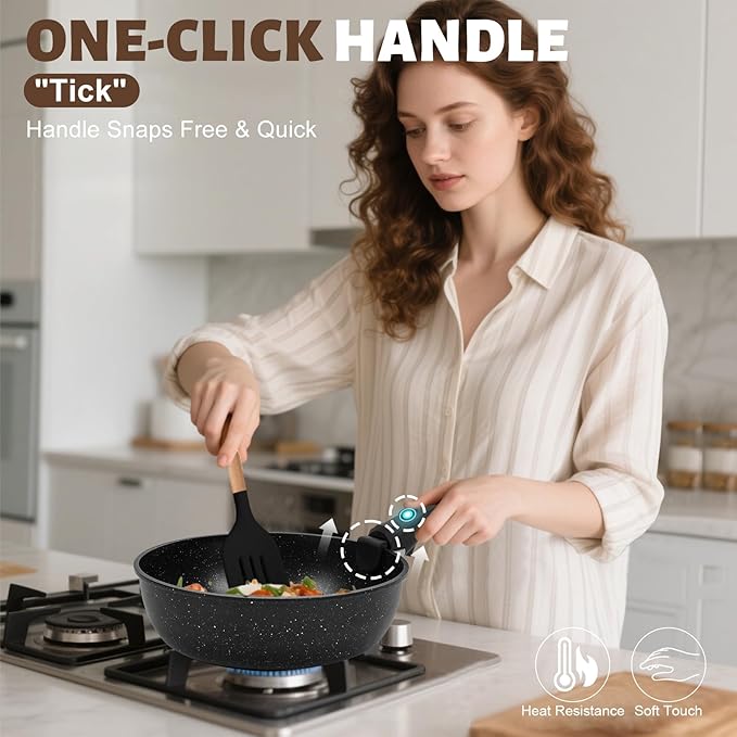 Numola 10 pcs Pots and Pan Set Non Stick with Detachable Handle, Ceramic Cookware Set for Stackable, Induction Kitchen Cookware Set for RV, Dishwasher 竊?Oven Safe, Black