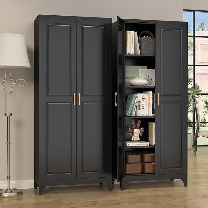 Kitchen Pantry Cabinet,75?쒫lack Metal Storage Cabinets with Doors and 4 Adjustable Shelves,Kitchen Cabinet with 2 Gold Handles,Tall Cabinet for Livingroom, Bathroom