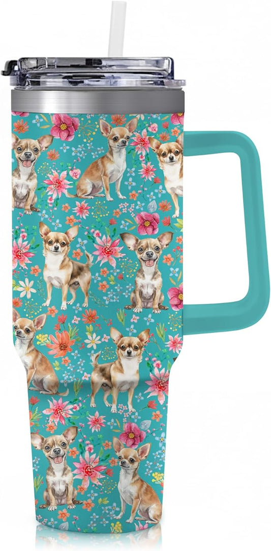 Yogusut Chihuahua Gifts for Women, 40oz Stainless Steel Insulated Tumbler Travel Mug Cup with Handle Straw, Gifts for Dog Mom Dog Lover