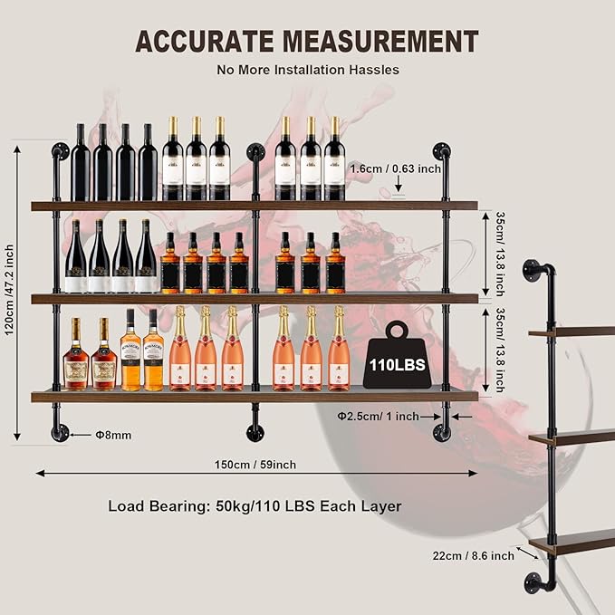 59-inch Modern Wall-Mounted Wine Rack with LED Lights, 3-Tier Liquor Bottle Display Bar Shelves, Industrial Wine Rack Floating Shelf, Multifunctional Wine Storage Rack for Home, Kitchen or Bar Decor