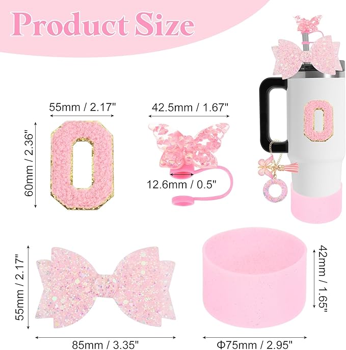 uxcell 8Pcs Cup Accessories Set for Cup Tumbler with Handle, Including Silicone Straw Cover, Boot, Spill Proof Stopper, Handle Charm, Initials Sticker(Letter O, Pink)