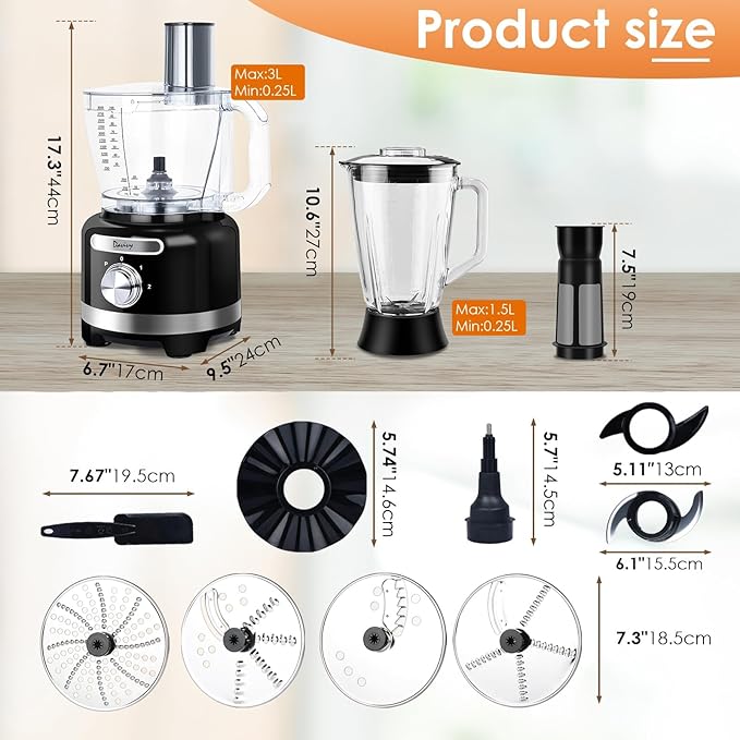 Davivy 16 Cup Food Processor & Blender Combo ??10-in-1 Multifunction 3.8L Processor with 6 Cup (50oz) Glass Blender, 2 Speeds + Pulse, Vegetable Chopper & Meat Grinder for Home Use, Black