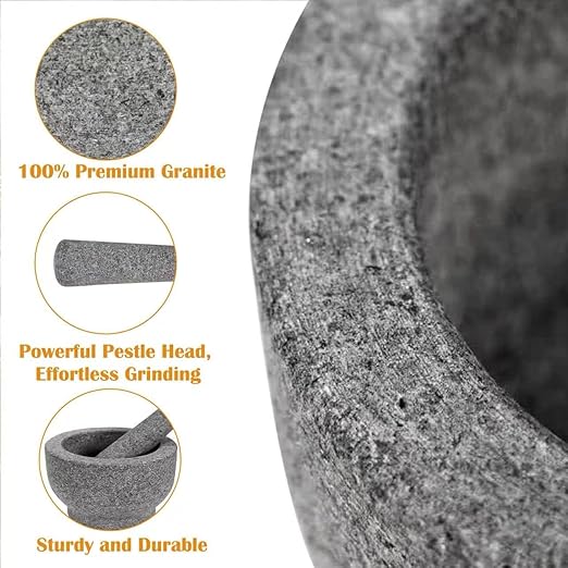 7??Heavy Granite 4 Cup Mortar & Pestle Natural Stone Molcajete Bowl and Grinder Set for Spices, Herbs, Seasonings, Pastes, Pesto and Guacamole. Release Your Favorite Flavors!Great Gift!