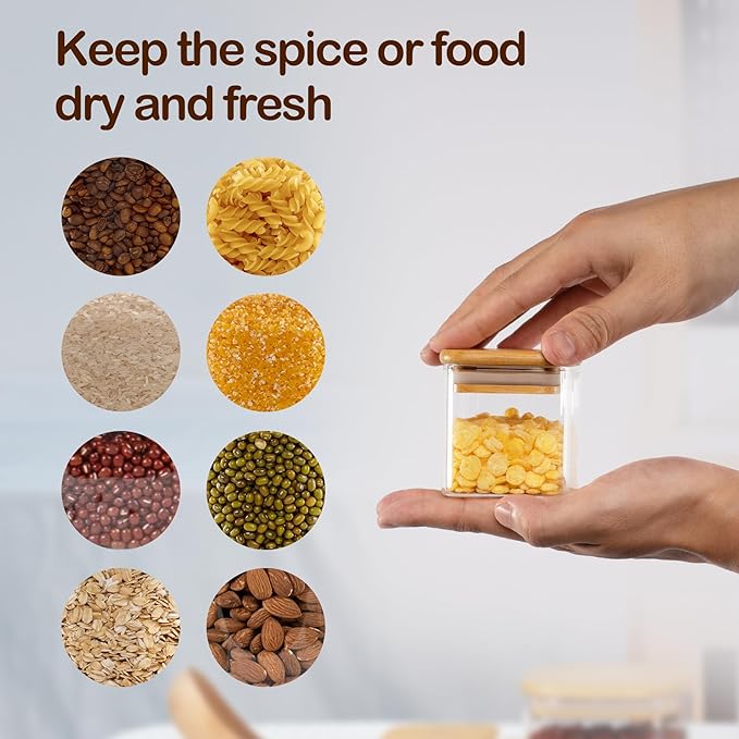 5oz Airtight Square Spice Containers with Bamboo Lid Set of 12 with Black Lables Storage Stackable Spice Jar, Kitchen Canister for Sugar, Tea, Flour, Salt and Seasonings (?랢lear Glass)