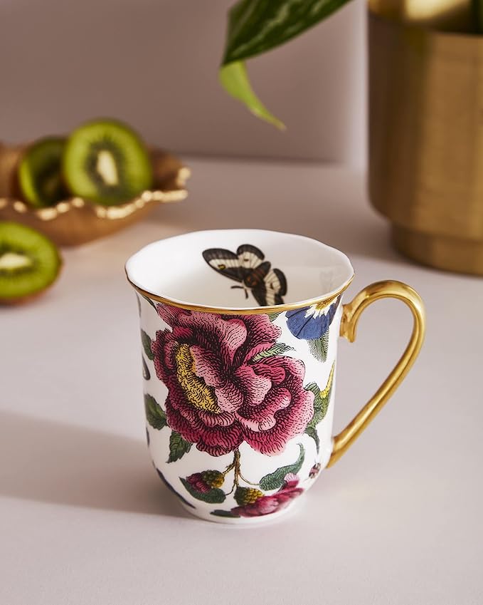 Spode Creatures of Curiosity 12oz Fine China Mug, White Floral Pattern - Porcelain Tea & Coffee Cup with 22ct Gold Handle and Rim - Elegant Vintage Inspired Drinkware, Boxed for Gifting