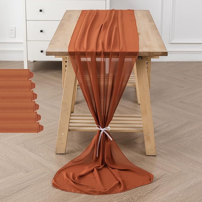flohar 6Pack 9ft Chiffon Table Runner 14x108 Inch Sheer Romantic Table Runner for Wedding Birthday Party Bridal Shower Outdoor Decoration-Rust