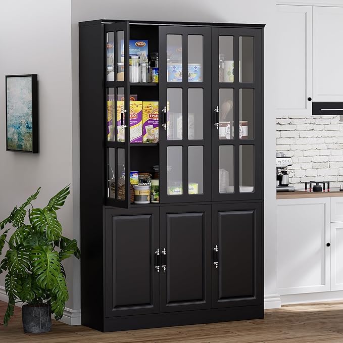 MEISSALIVVE Kitchen Pantry Storage Cabinet, 78.7" Tall with Glass Doors & Drawers, Freestanding Utility Cabinet, Black (47.2" W x 15.7" D)