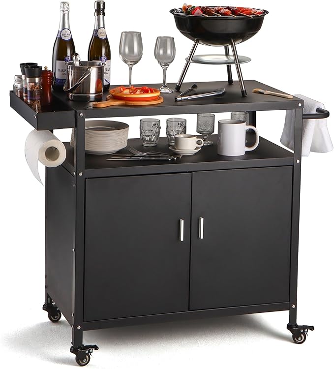 Kqoya Grill Cart with Storage, Outdoor Bar Cart Rolling BBQ Cart Movable Pizza Oven Table Stand with Foldable Stainless Steel Top & Storage Cabinet, Black（34.6 x 17.7 x 34.6 Inch）