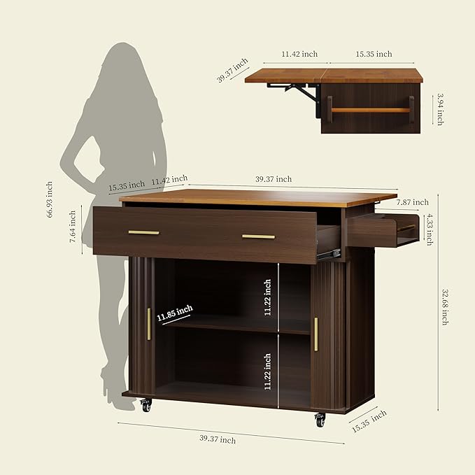 DHH Rolling Kitchen Island with Drop Leaf Countertop&Ample Storage - 39.4" Small Mobile Kitchen Cart On Wheels with Sliding Door,Drawers,Spice Rack & 2-Tier Storage (Coffee)