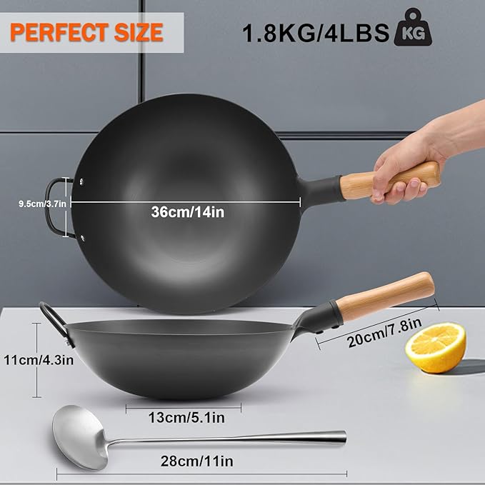WANGYUANJI Iron Wok, 14.17 inch Traditional Round-Bottom Wok, Chef?셲 Professional Stir-Fry Pan with Wooden Handle, Chemical-Free Iron Wok for Gas Stoves and Round-Bottom Induction Stovetop