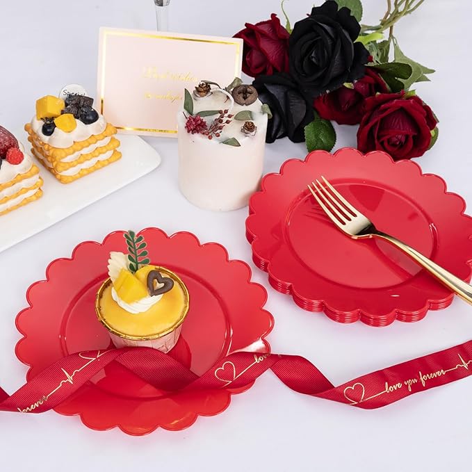 SUT 72Pcs Red Plastic Plates-7.5inch Dessert Plates, Red Disposable Plates, Disposable Plate,Fancy plastic plate, Heavy Duty Plastic Plates for Wedding & Parties