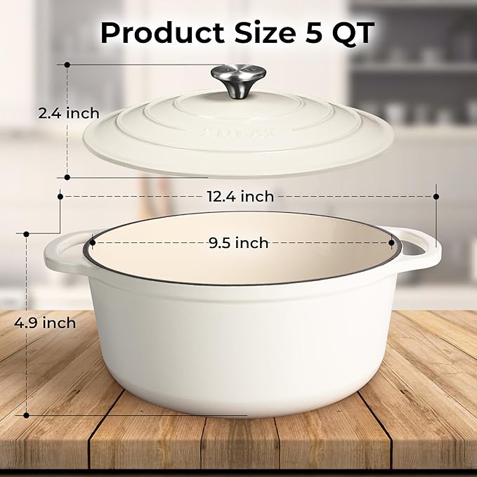 Zulay Kitchen 5 Quart Enameled Cast Iron Dutch Oven Pot with Lid ??Premium Durability & Oven Safe up to 500째F ??Heavy Duty Cookware Perfect for Bread Baking, Stews, Braising & Roasting ??White
