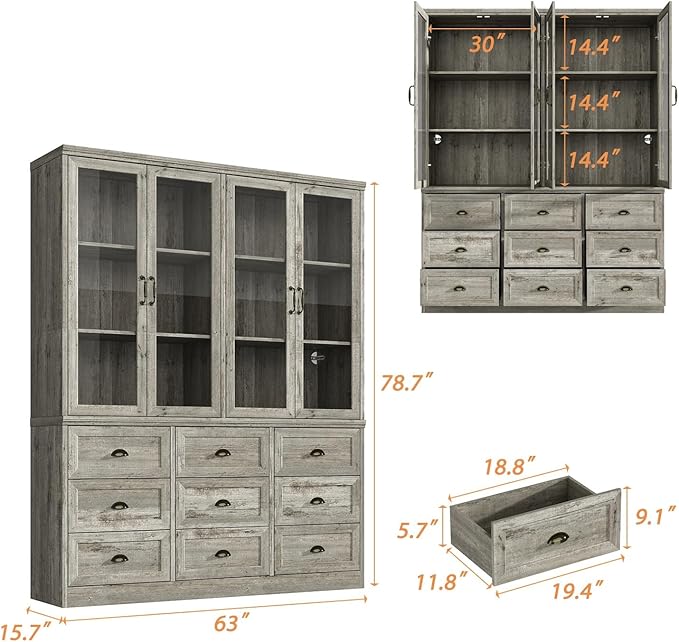78.7" Tall Curio Display Cabinet for Collection, 3 Tier Bookshelf with 9 Drawers & 4 Tempered Glass Doors, Showcase Display Cabinets for Living Room with Adjustable Shelves, Antique Oak