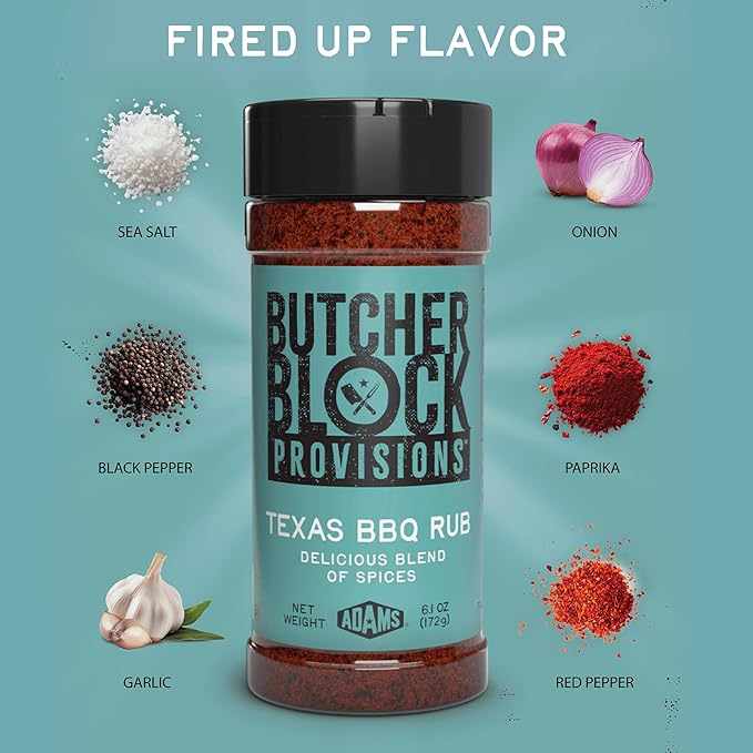 Butcher Block Provisions - Texas BBQ Rub - Delicious Blend of Spices - Sea Salt, Black Pepper, Garlic, Onion, Paprika & Red Pepper Seasoning - 6.1 oz