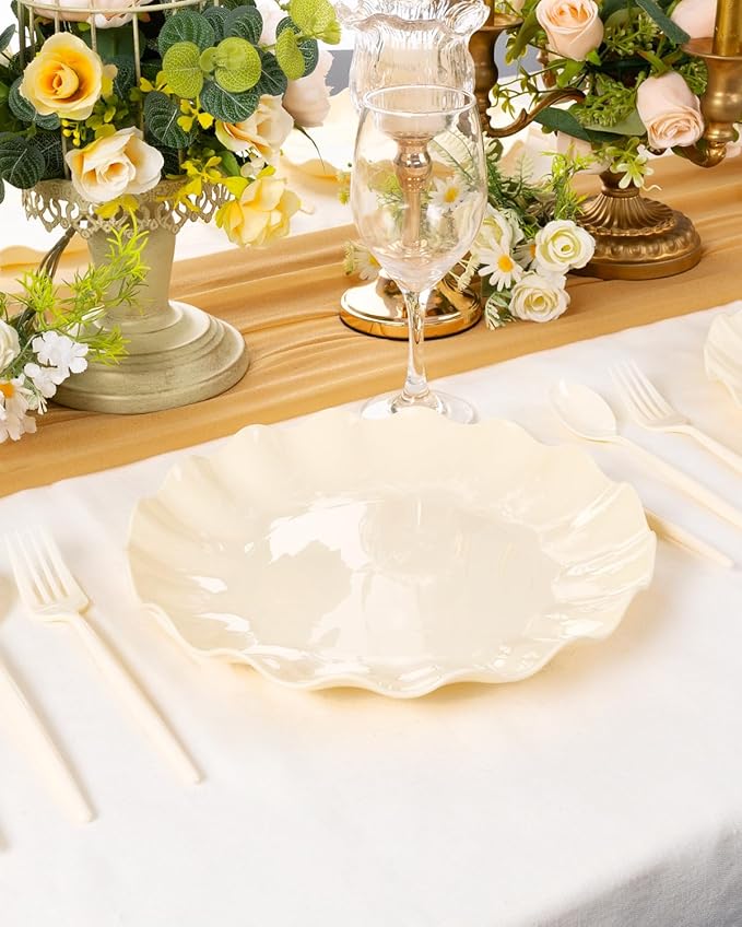 LIYH 20 Pcs 10 Inch Beige Plastic Plates Reusable - Unbreakable Plastic Scalloped Wavy Dinner Plates for Baby Shower Camping Party Outdoor Picnics Dishwasher Safe BPA Free