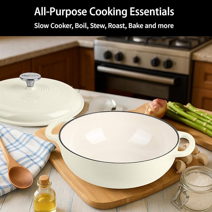 Enameled Cast Iron Dutch Oven Pot with Lid, 3 Quart Shallow Dutch Oven, Oven Safe up to 500째 F, Suitable for Bread Baking, Braising, Roasting, Stews, White