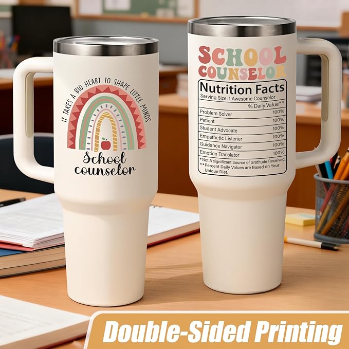 Lifecapido School Counselor Appreciation Gifts, 40oz Shape Little Minds Insulated Tumbler with Lid & Straw, School Counselor Gifts for Appreciation Week Christmas(Cream)