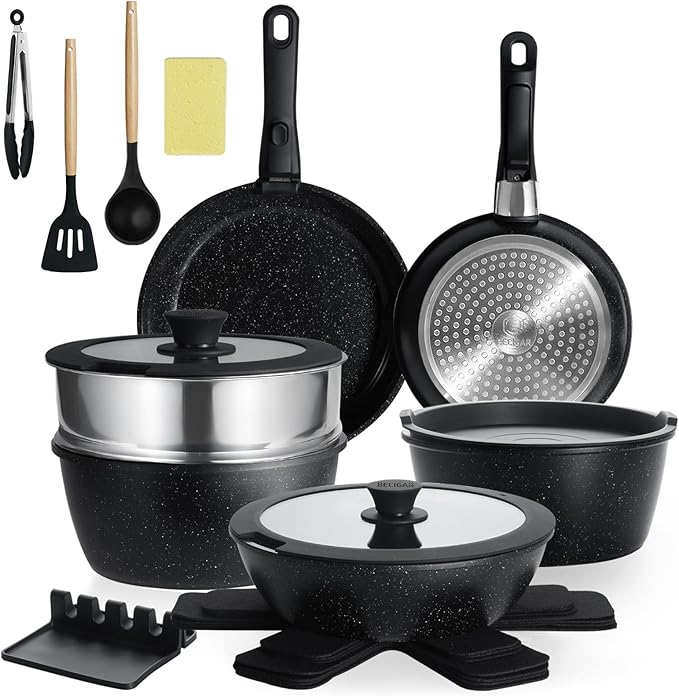 Nonstick Ceramic Cookware Set 21PCS with Detachable Handle, Pans and Pots Set, RV Kitchen Set Cookware Set, Pan Pots with Removable Handles, Oven Safe, Induction Ready(Black)