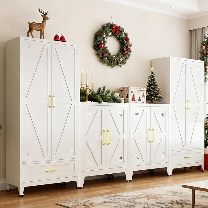32" Metal Kitchen Pantry Cabinet,Floor Bathroom Storage Cabinet with 2 Adjustable Shelves,Freestanding Sideboard for Small Spaces, Living Room, Hallway, Dining Room,White