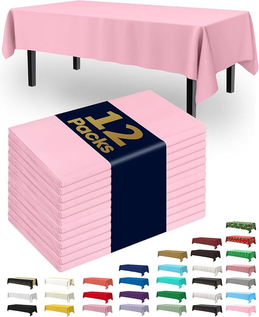 Pureegg Plastic Table Cloth Disposable 12 Pack, 54 x 108 Inch Table Cloths, Easter Party, Valentines, Mothers Day Decorations, Tablecloths, Rectangle, Pastel Plastic Cover, Leakproof & Sturdy, Pink