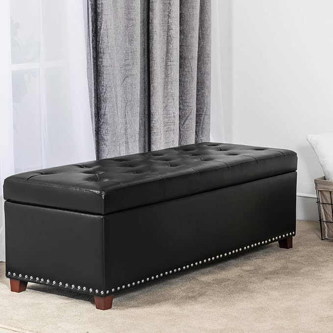 Joveco 47 Inch Storage Ottoman Bench,Tufted Leather Storage Bench with Nailhead Trim for Bedroom (47??Black)