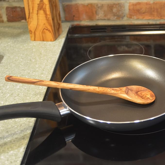Handmade Olive Wood Spoon 12" Long handle | Large Wooden Spoon for Cooking, Kitchen Utensil | Single Nonstick Wood Serving Spoons for Soup Stirring | Wooden Mixing Spoons for Baking