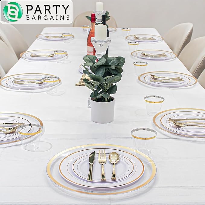 PARTY BARGAINS Disposable Table Covers, 54 x 108 Inch, White, 3-Ply Paper & Plastic Spill-Resistant Party Tablecloths, 1 Pack