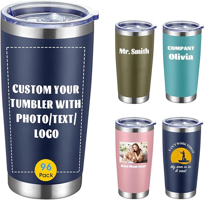 COMOOO Personalized 20oz Stainless Steel Tumbler with Lid, Insulated Tumbler Custom Gift with Text, Photo, Logo for Men, Women, Friends竊똍avy, 96 Pack