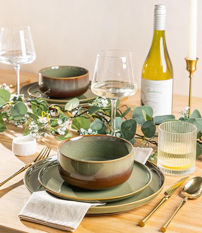 TheTerra Ceramic Dinnerware Sets, Handmade Reactive Glaze Plates and Bowls Set, Scratch Resistant Dish Set, Oven & Microwave & Dishwasher Safe, Service for 6, Sage Umber