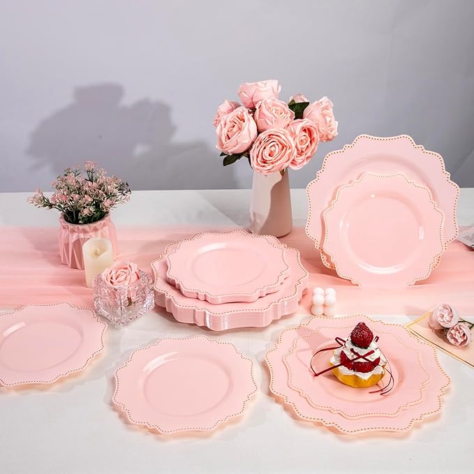 COLOSUS 60pcs Disposable Plastic Plates Set, Gold Pink Party Plates, 30pcs Dinner Plates and 30pcs Salad/Dessert Plates for Wedding, Party, Anniversary, Daily Use