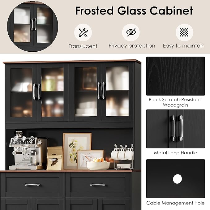 71" Tall Kitchen Pantry Cabinet, Kitchen Hutch with Microwave Stand, Glass Doors, Food Pantry Cabinet with Doors and Shelves for Dining Room, Black
