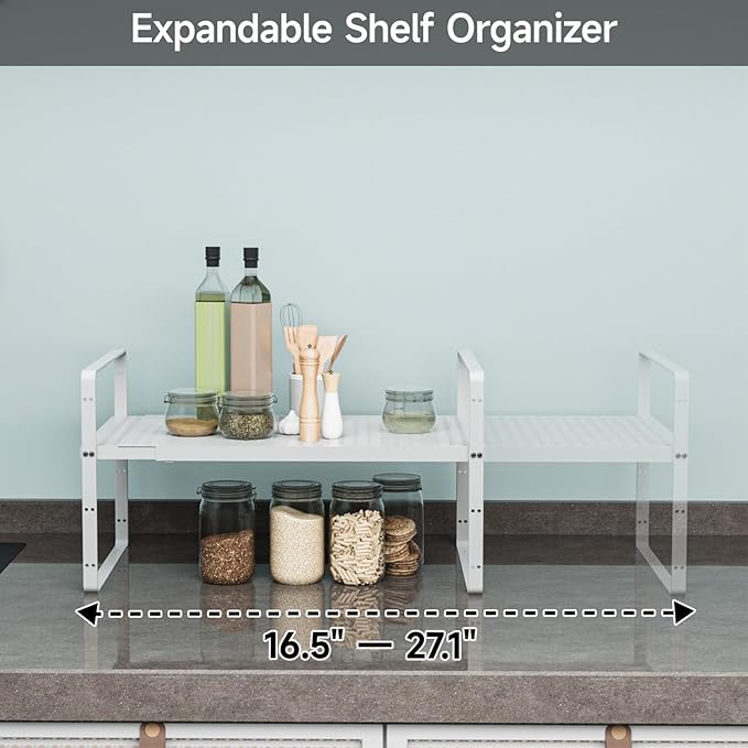 2Pack 16.5-27?쇺셂 Expandable Stackable Cabinet Shelves, Adjustable Spice Rack Cabinet Shelf Organizer for Kitchen, Countertop, Pantry and Cupboard, White