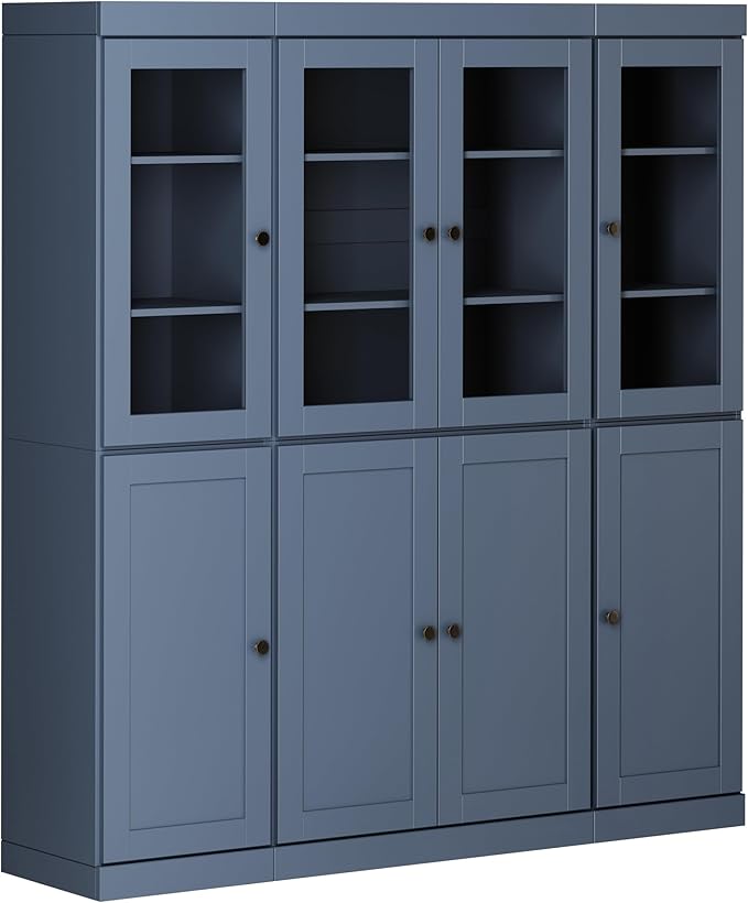 Palace Imports 100% Solid Wood Kitchen China Pantry Cabinet, 65" W - 4 Clear Glass & 4 Shaker Doors, Renewable Eco-Friendly Wood, Made in Brazil (Antique Blue, 8 China/Shaker Doors | 2 Drawers)