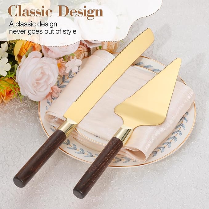 Gold Cake Cutting Set for Wedding, Wood Cake Knife and Server Set, Vintage 2-Piece Pie Cutter Set, Serrated Pizza Dessert Utensils, Bridal Birthday Quincea챰era Gift (Walnut color)