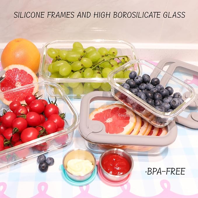Glass Food Storage Containers with Silicone Glass Lids, 304 Stainless Steel Salad Dressing Containers, Microwave-safe LeakProof Food Containers Set, 100% Plastic Free-4-pack（Grey）