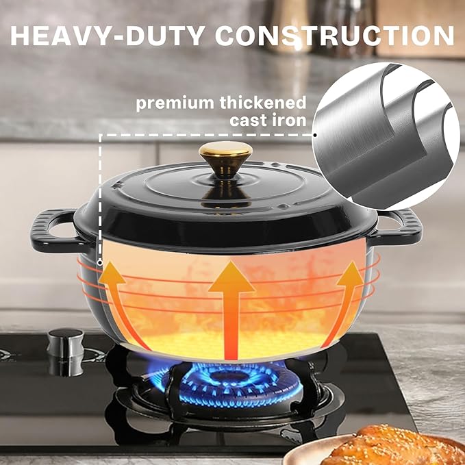 Bonnlo Round Dutch Oven, Enameled Cast Iron Dutch Oven Pot with Lid & Dual Handles, Oven Safe Up to 500째 F, for Sourdough, Bread Baking, Stews and Roasting (Black, 5 Quart)