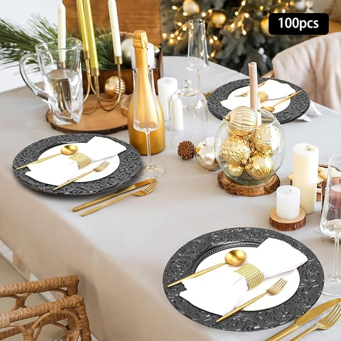 100pcs Black Charger Plates, 13" Round Reusable Decorative Flower Relief Carving Bulk Chargers for Dinner Plates, Wedding, Bridal Shower