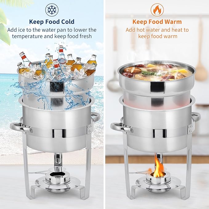Garvee 7QT Commercial-Grade Soup Chafer Set of 4, Stainless Steel Round Food Warmers with Pots, Notched Lids & Fuel Holders, Commercial Buffet Equipment for Large Banquet Service & Buffet Catering