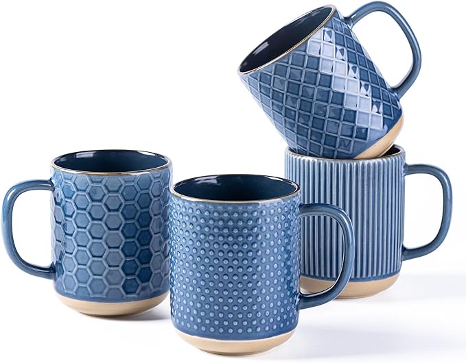 GBhome Large Coffee Mugs Set of 4, 16oz Handmade Stoneware Coffee Mugs Set with Large Handle for Cappuccino/Latte/Tea/Hot Cocoa, Dishwasher & Microwave Safe, Moonlight Blue