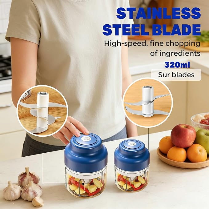 Electric Mini Garlic Chopper Set竊?-in-1 Wireless Garlic Chopper, USB Rechargeable Electric Mini Food Processor for Vegetable, Onion, Ginger, Nut -PC Container,Auto-Lock Safe Chopper Peeler Tool